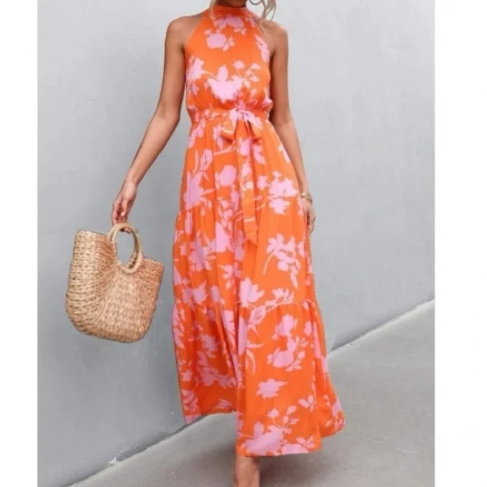 boho floral print belted halter maxi dress - Picture 6 of 13